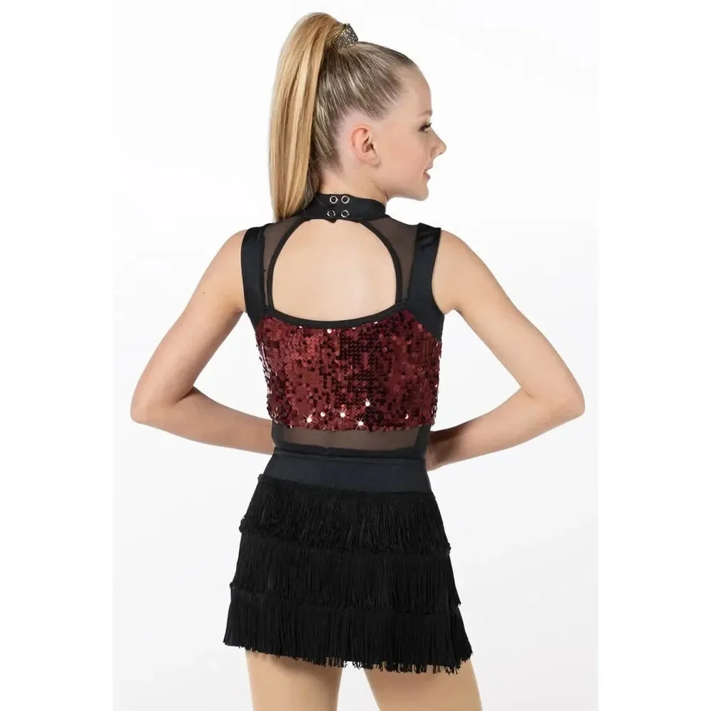 Pre-Owned Dance Costume Weissman 13499 Int Child Burgundy 2 in 1 Jazz Sequin